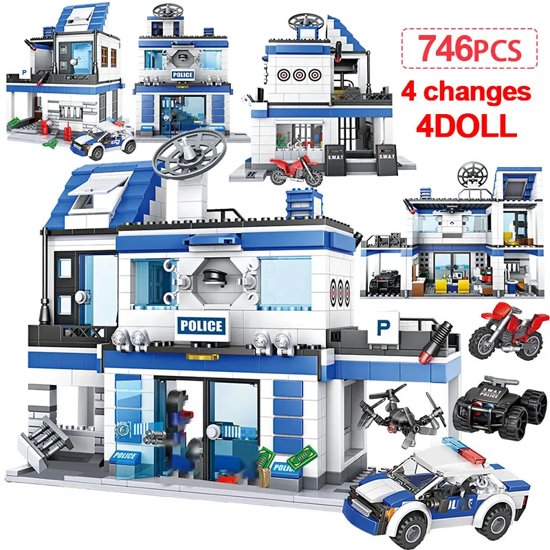 

746PCS City Police Station Building Blocks legoing SWAT Police Helicopter Motorcycle Car Figures Bricks Educational toys for kid