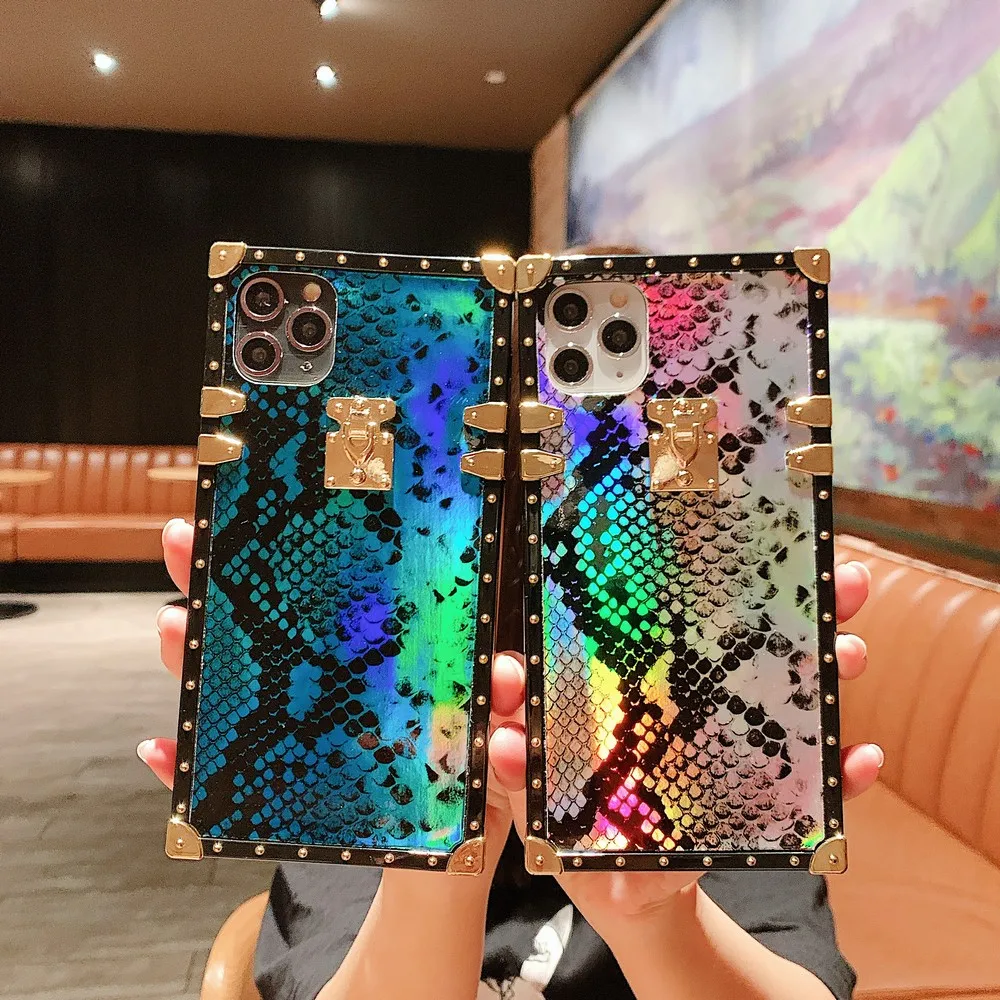 

Blue Snakeskin Texture phone case for iPhone 12 mini 11 12 Pro Max X XR XS Max 6 6s 7 8 plus for women Fashion square cover