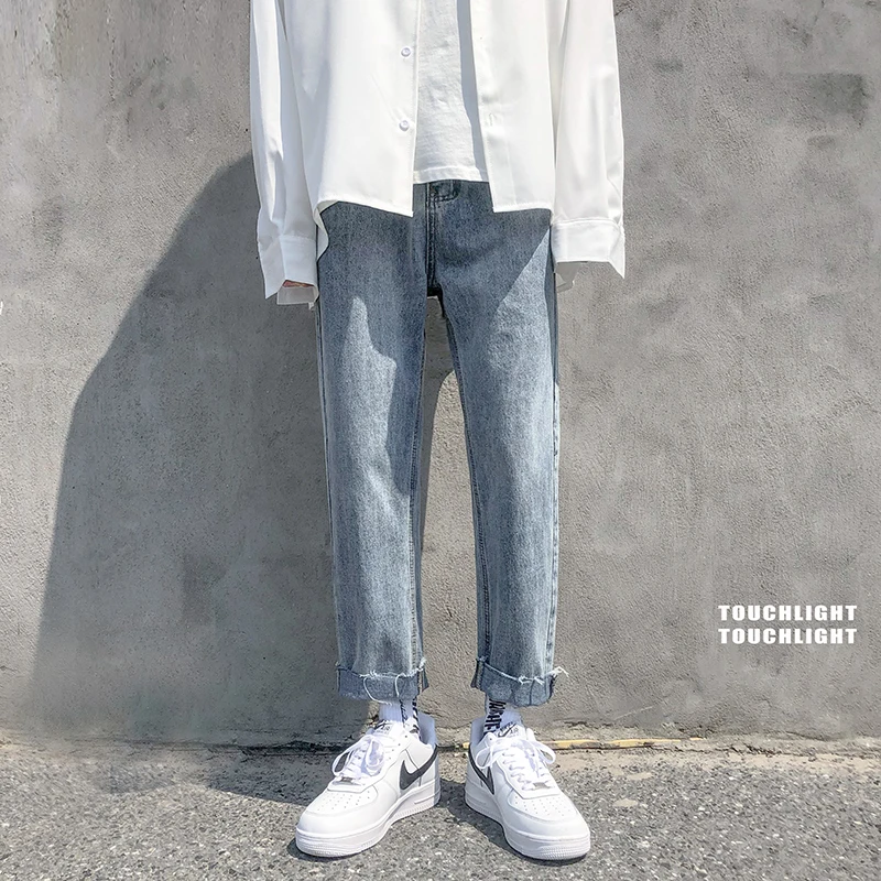 Мужские джинсы с необработанными краями EWQ винтажные Свободные повседневные