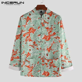 

INCERUN Vintage Shirt Men Chinese Style Printed Stand Collar Long Sleeve Loose Button Blouse Retro Tang Suit Casual Mens Shirts