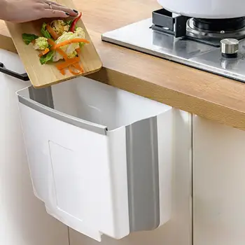 

Kitchen Trash Container Wall-mounted Folding Garbage Bucket Household Waste Container Trashcan For Cabinet Door Hanging Gray