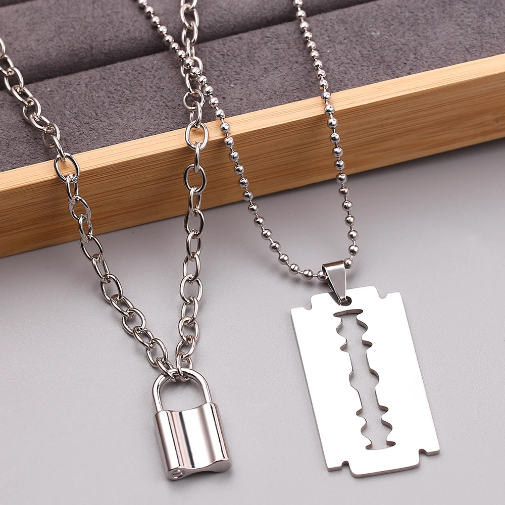 Double Layer Lock Blade Necklace Stainless steel Pendant beads link chain choker gothic Punk Padlock Women Men Necklaces Jewelr | Украшения
