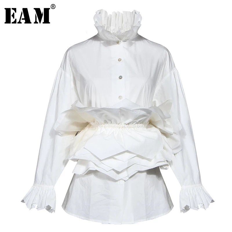 

[EAM] Women White Ruffles Split Blouse New Stand Collar Long Sleeve Loose Fit Shirt Fashion Tide Spring Autumn 2020 1N882