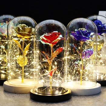 

6 Colour Beauty And The Beast Red Rose In A Glass Dome On A Wooden Base For Valentine's Gifts LED Rose Lamps Christmas
