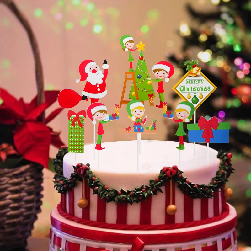 Рождественские обертки для выпечки кексов, новогодние вечерние Декор кекса, украшения для рождественской вечеринки, Санта-торт-снеговик - Цвет: cake toppers-A