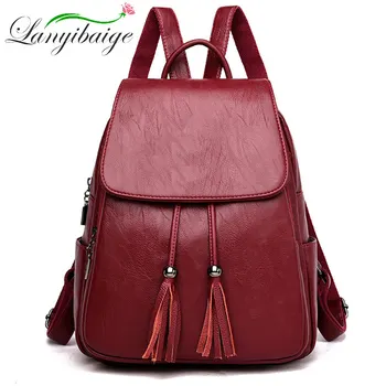 

Large capacity double tassel women's backpack Women leather backpack mochila feminina ladys travel backpack brand school bag
