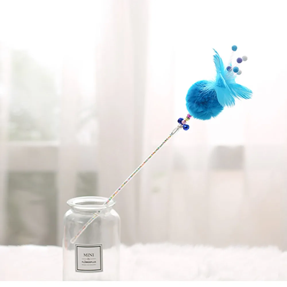 Pet Cat Toy Teaser Kitten Exerciser Wand With Furry Ball Interactive Fishing Stick With Bell