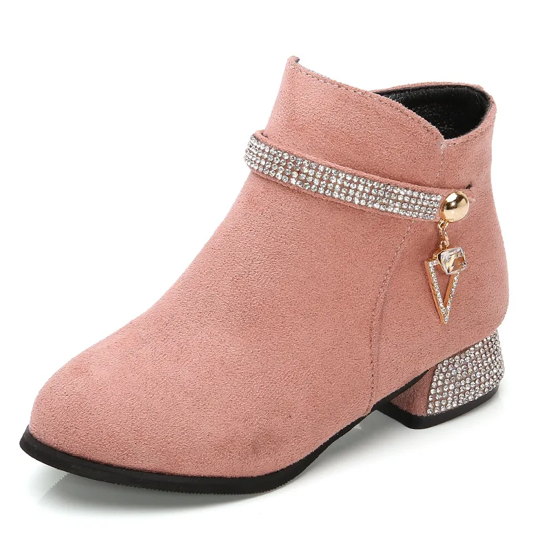 

Autumn Winter Kids Girls Crystal Short Boots Small High-heeled Medium Big Children's Princess Rhinestone Pointed Toe Suede Shoes