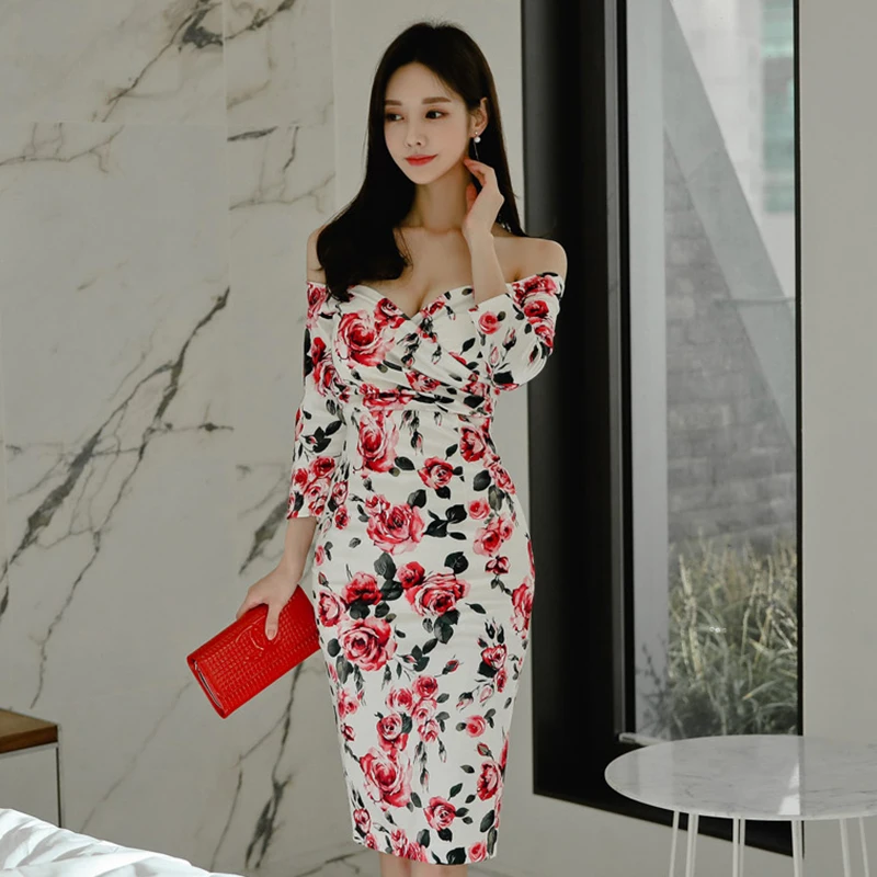 

2020 Spring Fashion Korean Elegant Bare Shoulder Collar Slim Bag Hip Gentle Flower Dress