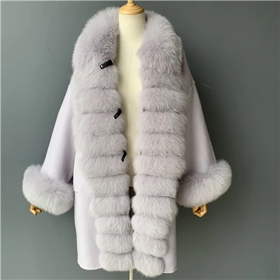 MAOMAOFUR кашемировое шерстяное пальто для женщин, длинный стиль, длинные рукава, воротник из натурального Лисьего меха, Полоска, пиджак с манжетами, Женское шерстяное пальто - Цвет: Purple Grey