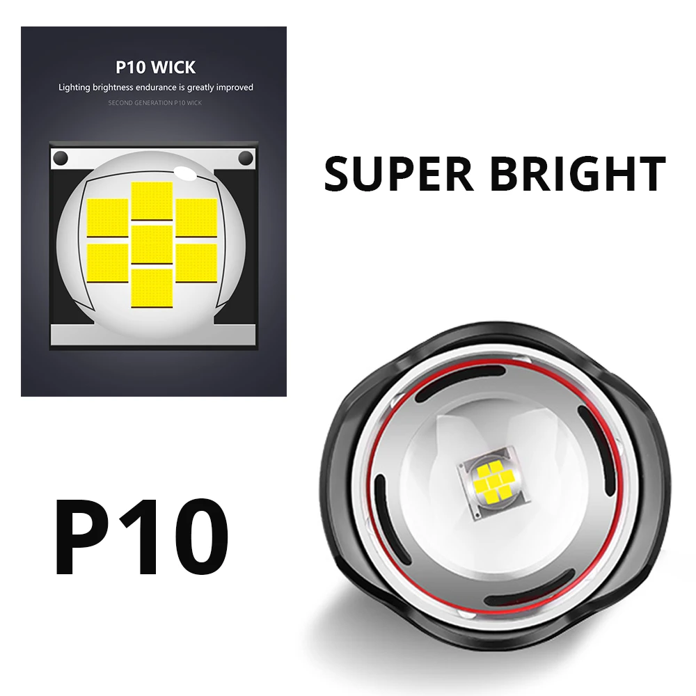 Супер 7-Core P10 светодиодный фонарик с объемными выпуклая линза бликов Приключения освещения с Мощность с подзарядкой от 18650 батареи