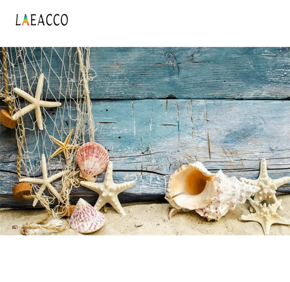 Laeacco пляж Ракушки Морская звезда сетка деревянные доски Детские фотографии фоны