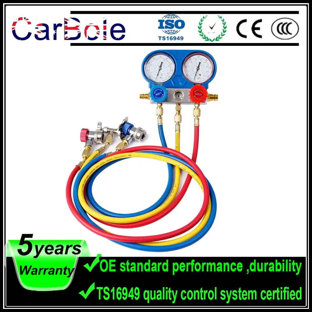 

Carbole R134a Auto Manifold Guage Set Kit with Couplers Gause Adapters R134 R22 R404A R410A Refrigeration Charging Service