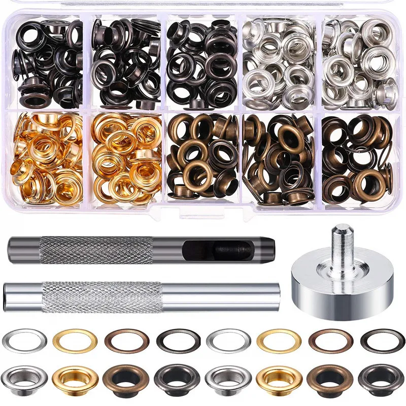 200pcs Inner Diameter 6mm Metal eyelets + Hole Installation Tool Copper Simple Buckle Shoes Clothes Curtain with CASE Tool Q-043