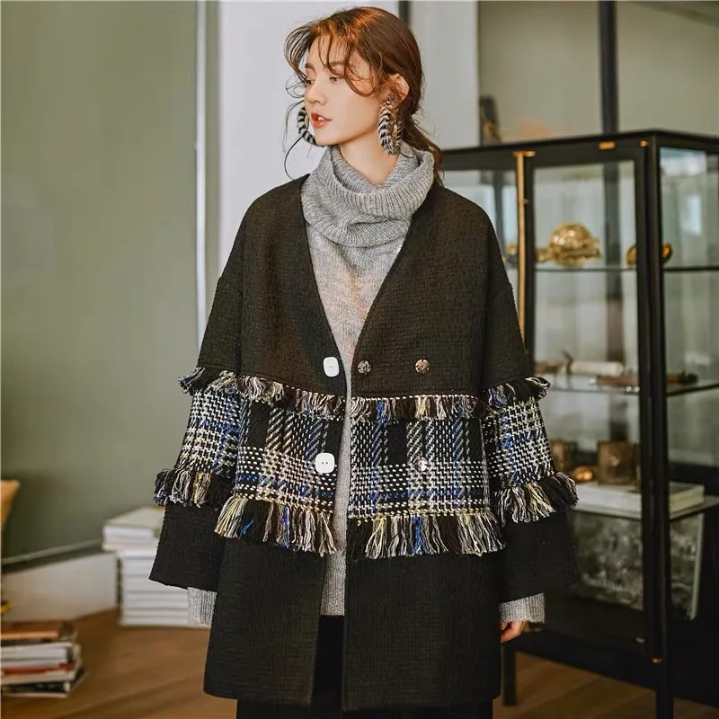 

A9181 Winter Boutique WOMEN'S Dress New Style Black And White with Pattern Graceful Wool Loose And Plus-sized Coat PRE-SALE