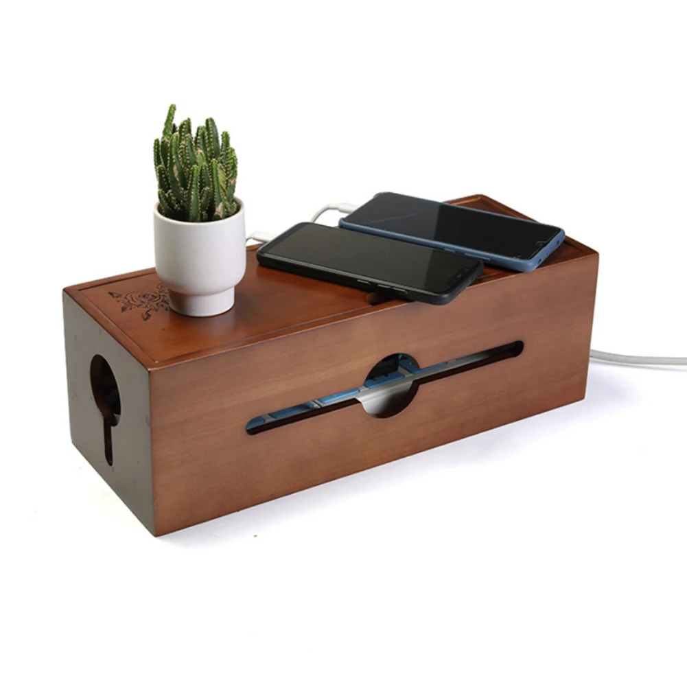 

With Lid Carved Flower Desktop Wooden Detachable Durable Socket Board Storage Power Cable Box Standing Bedroom Dust Proof