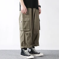 American Casual Cargo Pants Men Lazy Baggy Wide-Leg Cropped Pants Mens Work Multi-pocket Ninth-pants Ankle-Length Trousers