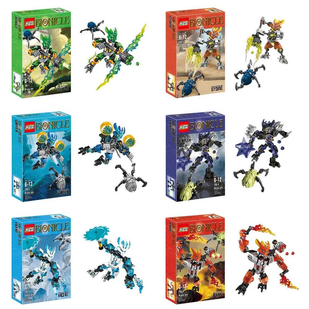 Новинка 6 штук серия BIONICLE Jungle Rock Water Earth Ice Fire Protector экшн фигурка строительный блок