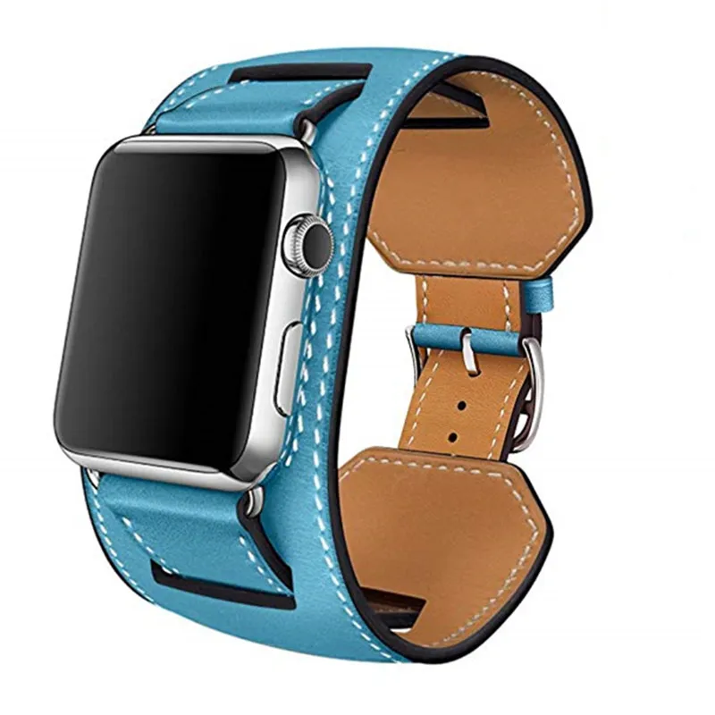 Light Blue Хорошее качество Браслет-манжета ремешок для Apple Watch ремешок 44 мм 42 мм 40 мм 38 мм Натуральная Кожа Замена для iWatch серии 5 4 3 2 - Цвет ремешка: Light Blue
