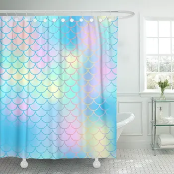 

Fish Scale Pattern Magic Mermaid Tail Colorful Net Blue Shower Curtain Waterproof Polyester Fabric 72 x 72 Inches Set with Hooks