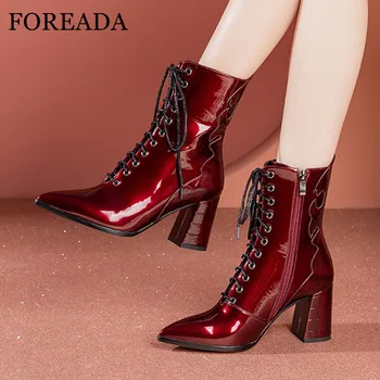 

FOREADA High Heel Ankle Boots Natural Genuine Leather Woman Boots Zip Pointed Toe Short Boots Lace Up Thick Heel Ladies Shoes 41
