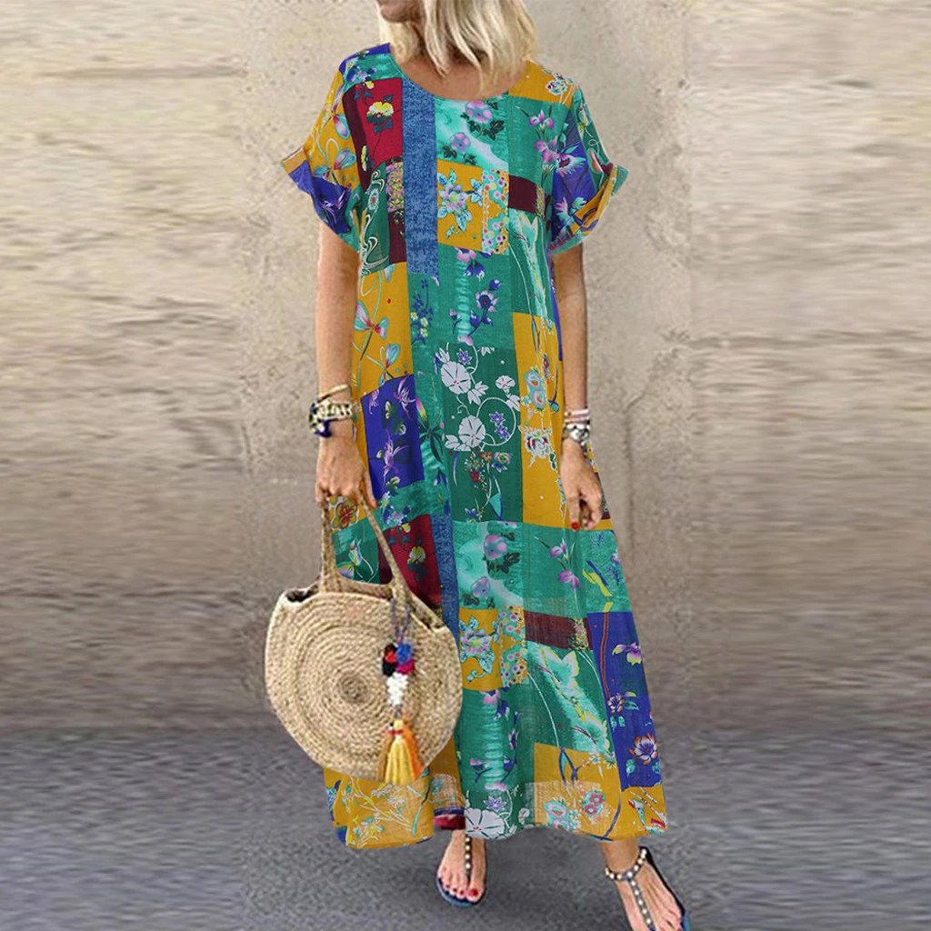 JAYCOSIN 2019 Fashion Dress Women Vintage Bohemian Print Short Sleeve O-Neck Plus Size Maxi Dress Girls Color Loose Female 724
