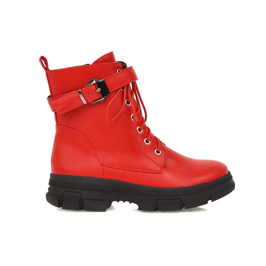 Najtaniej QUTAA 2020 kobiety połowy łydki buty okrągłe Toe moda klamra koronki zamek błyskawiczny damskie buty PU skórzane krótkie kozaczki na platformie rozmiar 34  43