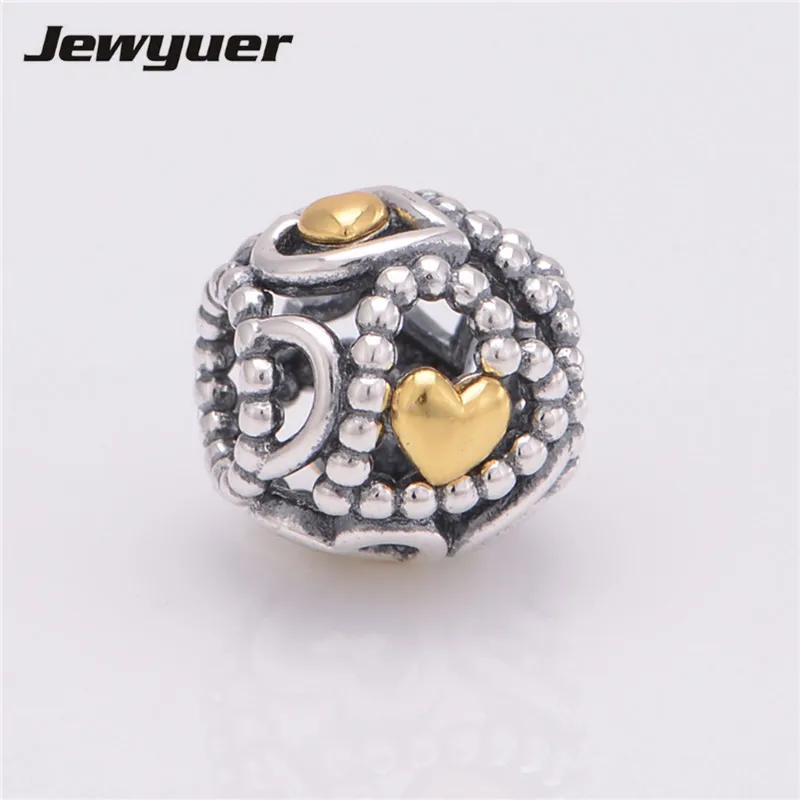 Openwork hearts silver charms with golden hearts fit 925 sterling silver bead charm bracelets diy making fine Jewelry Memnon