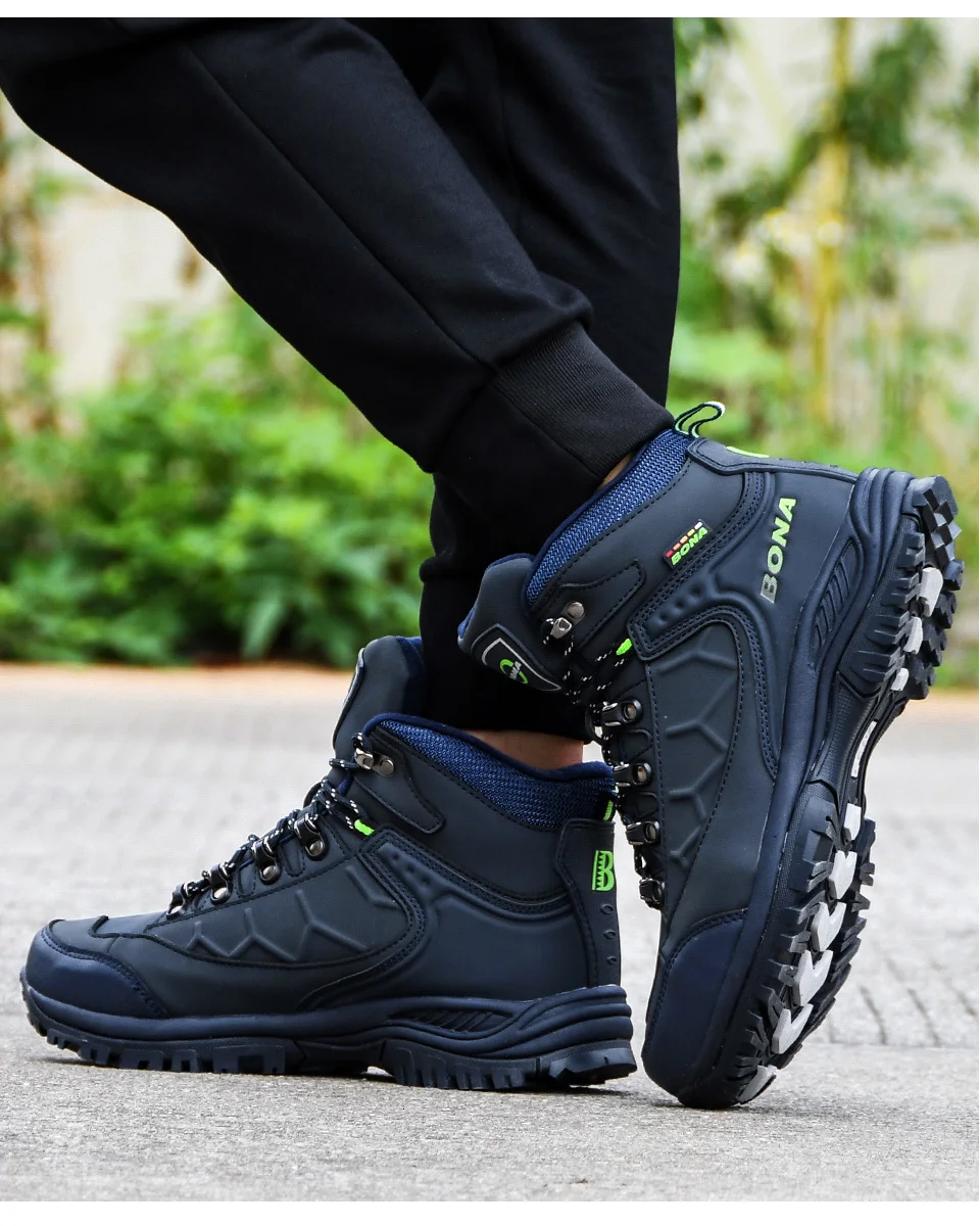 BONA New Leather Hiking Shoes Men Autumn Winter Climbing Boots High Top Trekking Hunting Shoe Trainers Black Waterproof Sports