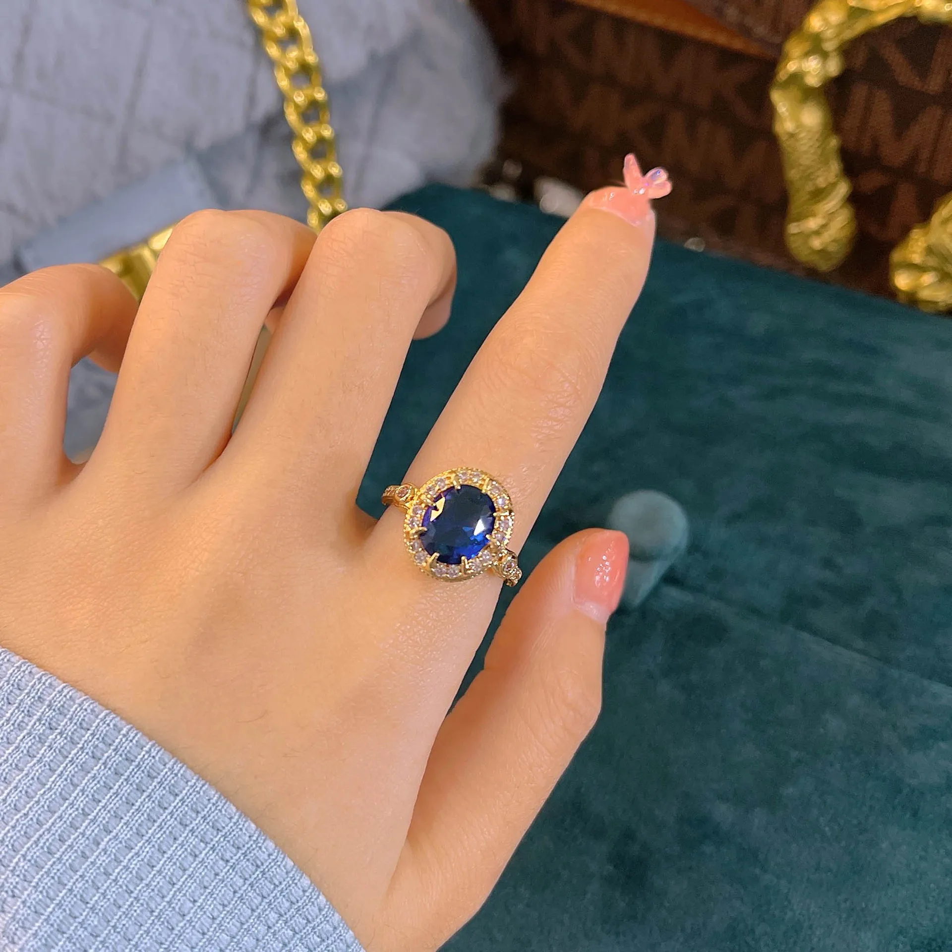 Royal blue sapphire engagement ring, flower promise ring with lab sapphire  and diamonds / Fiorella | Eden Garden Jewelry™