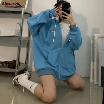 

Jackets Women Blue 2020 New Autumn Fashion Oversize Zipper Long Sleeve Loose Womens Retro Students Teens All-match Casual Chic