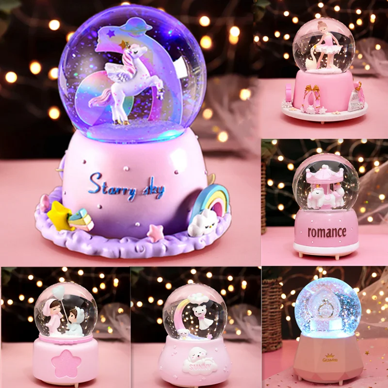 

Lovely Music Box Snow Globes Unicorn Rainbow Water Globe with Multicolor Led Light for Birthday Girls Gifts Girls Holiday Day