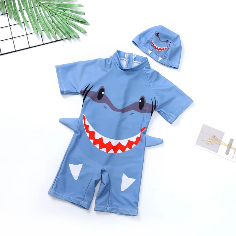 

2020 New Cute Boys Swimsuits Blue Shark Print Two Pieces Set With Swim Cap Child Beach Wear S01402K