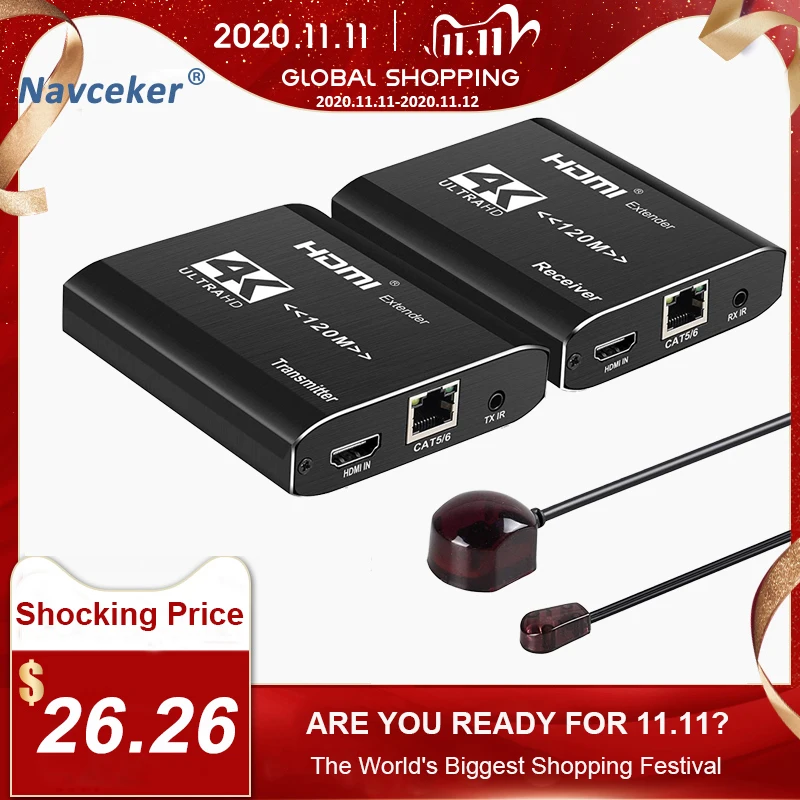 

2020 4K HDMI Extender IR 120m HDMI Extender RJ45 3D HDMI Extender Transmitter Receiver Over Cat5e/Cat6 Cable for PS4 Apple TV
