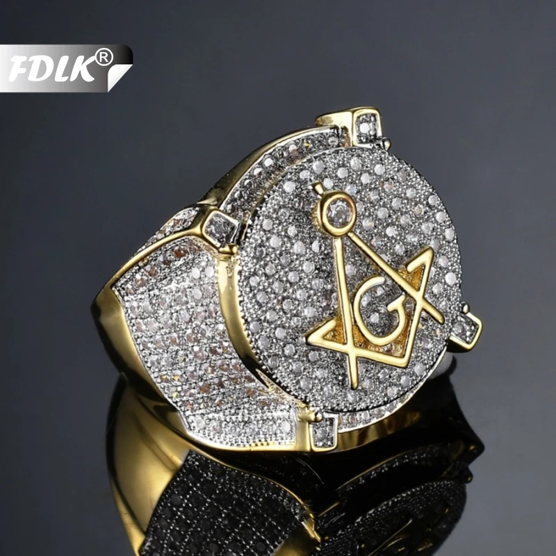 

FDLK Hip Hop Gold Color Brass Ice Cream Micro Pave Cubic Zirconia Masonic Ring Charm for Men Gifts with 6 - 13