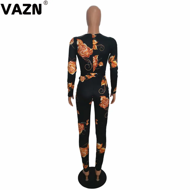 VAZN SH7119 Горячие Классические черные цветы сексуальные взрослые возраст мода полный рукав шнуровка Высокая талия эластичный женский сверкающий комбинезон