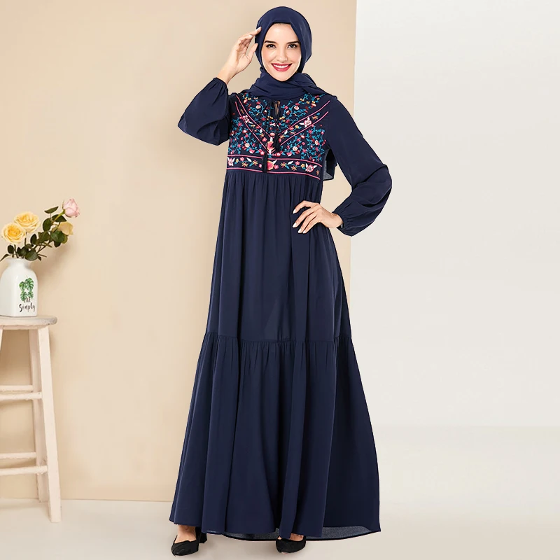 

Siskakia Long Sleeved Dresses Fall 2019 Chic Floral Embroidery Drape Swing Maxi Dress Tassel Drawstring Muslim Arabian Clothing