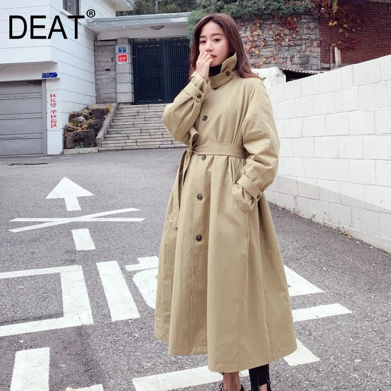 

[DEAT] 2019 New Autumn Winter Lapel Long Sleeve Loose Bandage Big Hem Split Joint Windbreaker Women Trench Fashion 13D467
