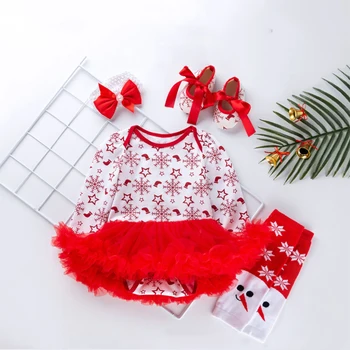 

Red Tutu Christmas New 0-2 Year Old Baby Long Sleeved Snowflake Romper Dress Baby Gauze dress four-piece set Baby Girl Clothes