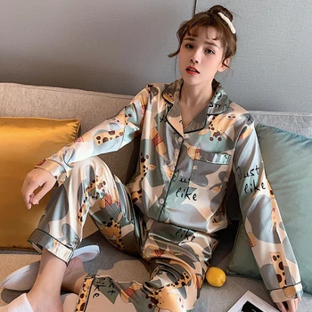 

XIZOU Luxury Silk Pajama Sets For Women Spring And Autumn Cool Cardigan Pyjamas Female Pijama Loose Comfort Night Sleepwear