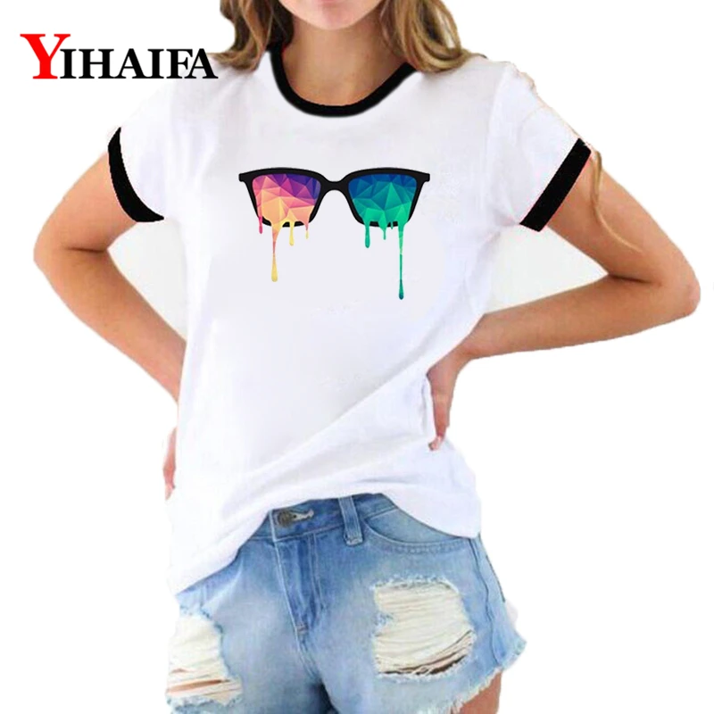 

3D T Shirts Women Painted Glasses Print Tees Graphic Tee Summer Short Sleeve Ladies Funny O-Neck Casual Tops
