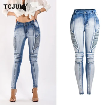 

TCJULY Locomotive Style Slim Push Up Jeans Woman Plus Size Stretchy Bleached Denim Pencil Pants Streetwear Skinny Washed Jeans