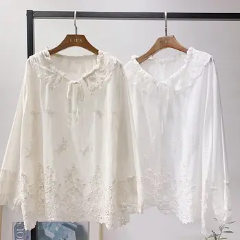

2020 Spring autumn lace collar embroidery cotton shirt tops white Long Sleeve Shirts