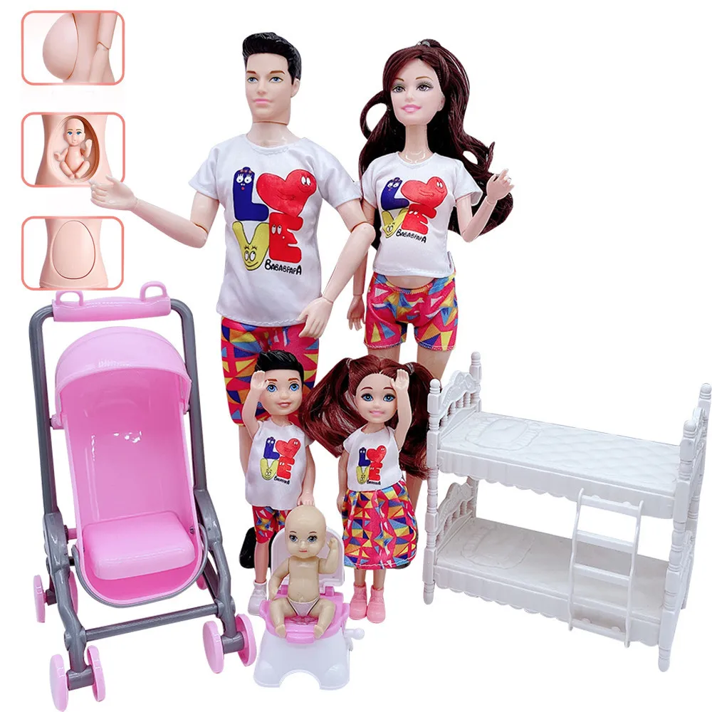 Family Doll 5-Piece Set with Dad Pregnant Mom Daughters Son Male Baby in Mom's Belly for Educational Birthday Gift Accessories gather the daughters