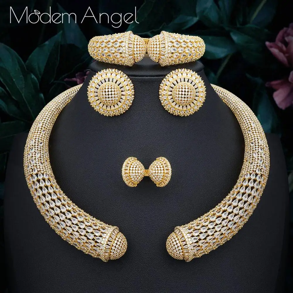 ModemAngel известный бренд диск Роскошные нигерийские Свадебные невесты кубического циркония ожерелье Дубай 4 шт. комплект ювелирных изделий