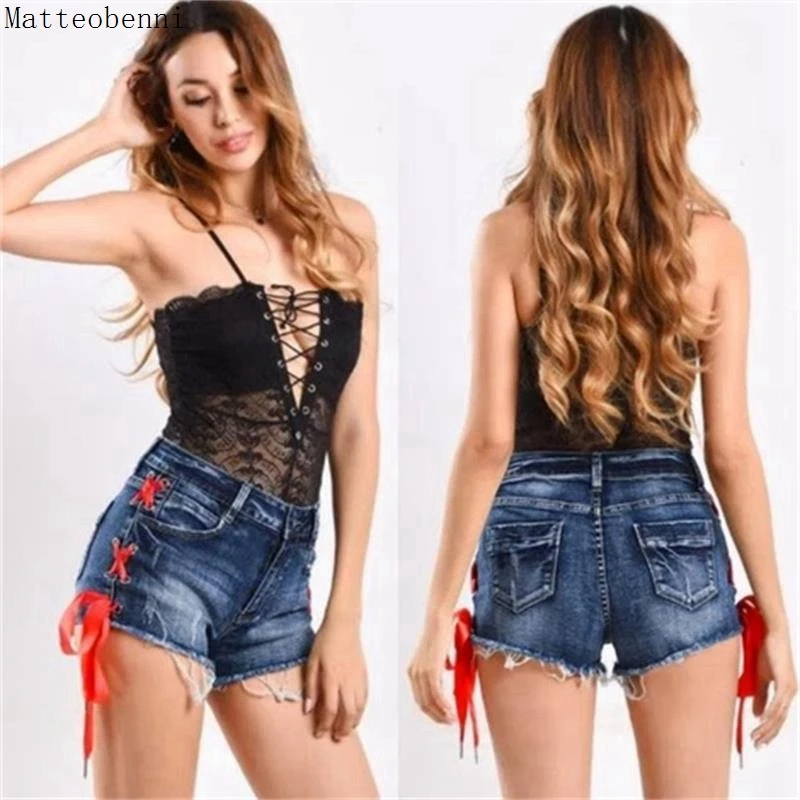 

Fashion Sexy Lace-up tassel Denim Shorts Summer High Street Casual Jean Shorts High Waist Pocket Women Sexy Hole short jeans