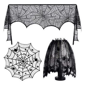 

3 Pcs of 1 Set Halloween Decoration Props Black Lace Spider Web Fireplace Mantle Scarf Cover Tablecloth Party Supplies
