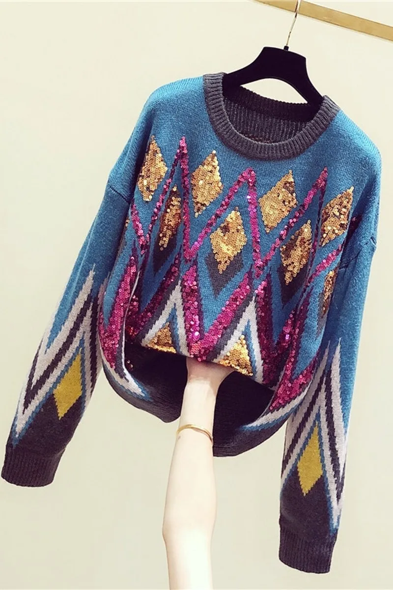 Осенний и зимний свитер для женщин, корейский тяжелый промышленный Алмазный Блестящий цветной свитер, Свободный Вязаный топ, джемпер для женщин