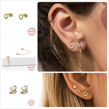 

925 Sterling Silver Earrings For Women Sun Earrings Gold Cartilage Ear Bone Piercing Earrings Girl Gift Tassel aretes R5
