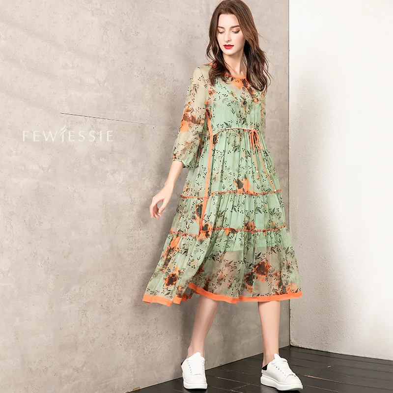 

Summer 100% Natural Real Silk Dress Women Vintage Boho Beach Long Floral Dresses Elegant Ladies Party Dress Green Vestidos 20007